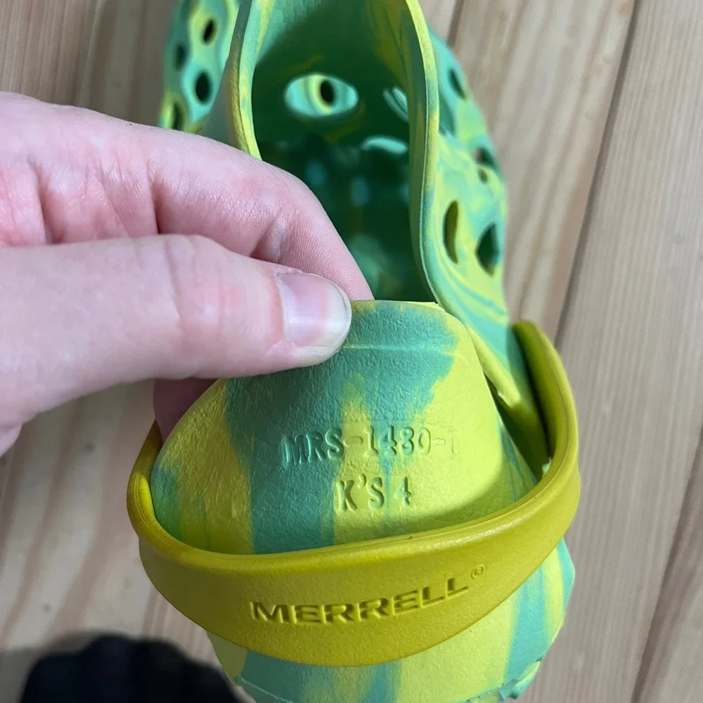 Merrell Hydro Moc Kids Green Yellow Marbled Water Shoes Clogs Size 4 MRS-1480-1